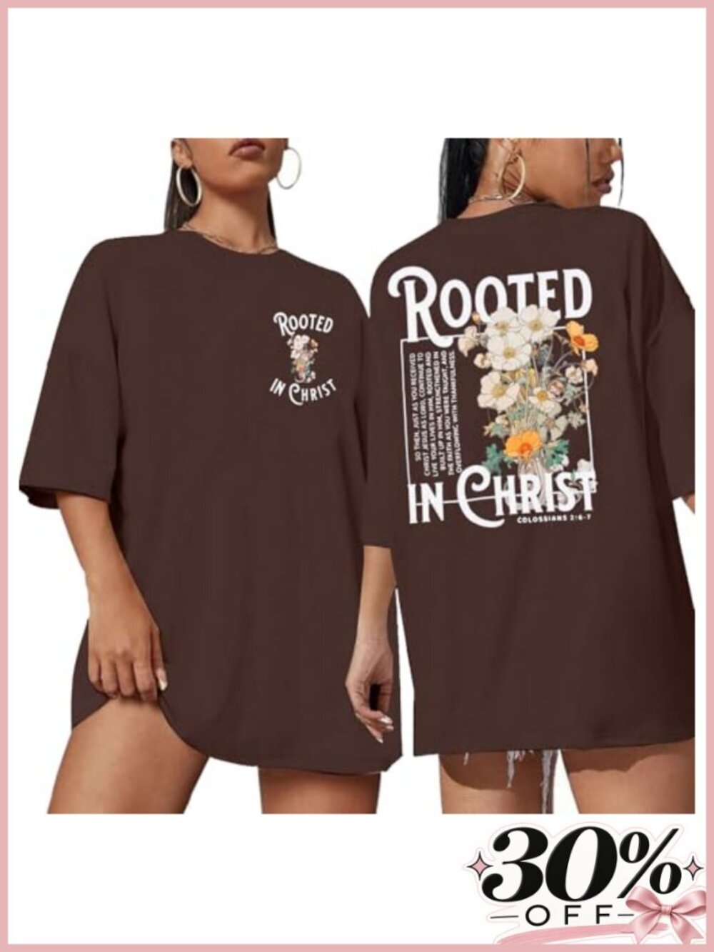 Rooted in Christ Oversized Christian T-Shirt for Women Floral Jesus Tee